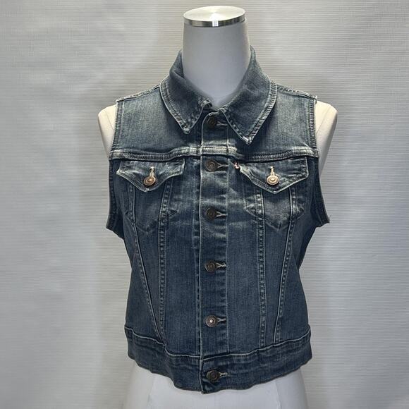 Levis Denim Vest Womens Small Sleeveless Trucker Jean Jacket Distressed Western - Picture 1 of 11